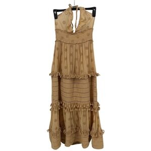 Boho Eyelet Halter Maxi Dress Tan Smocked Waist Tassel Fringe Trim Tiered Skirt